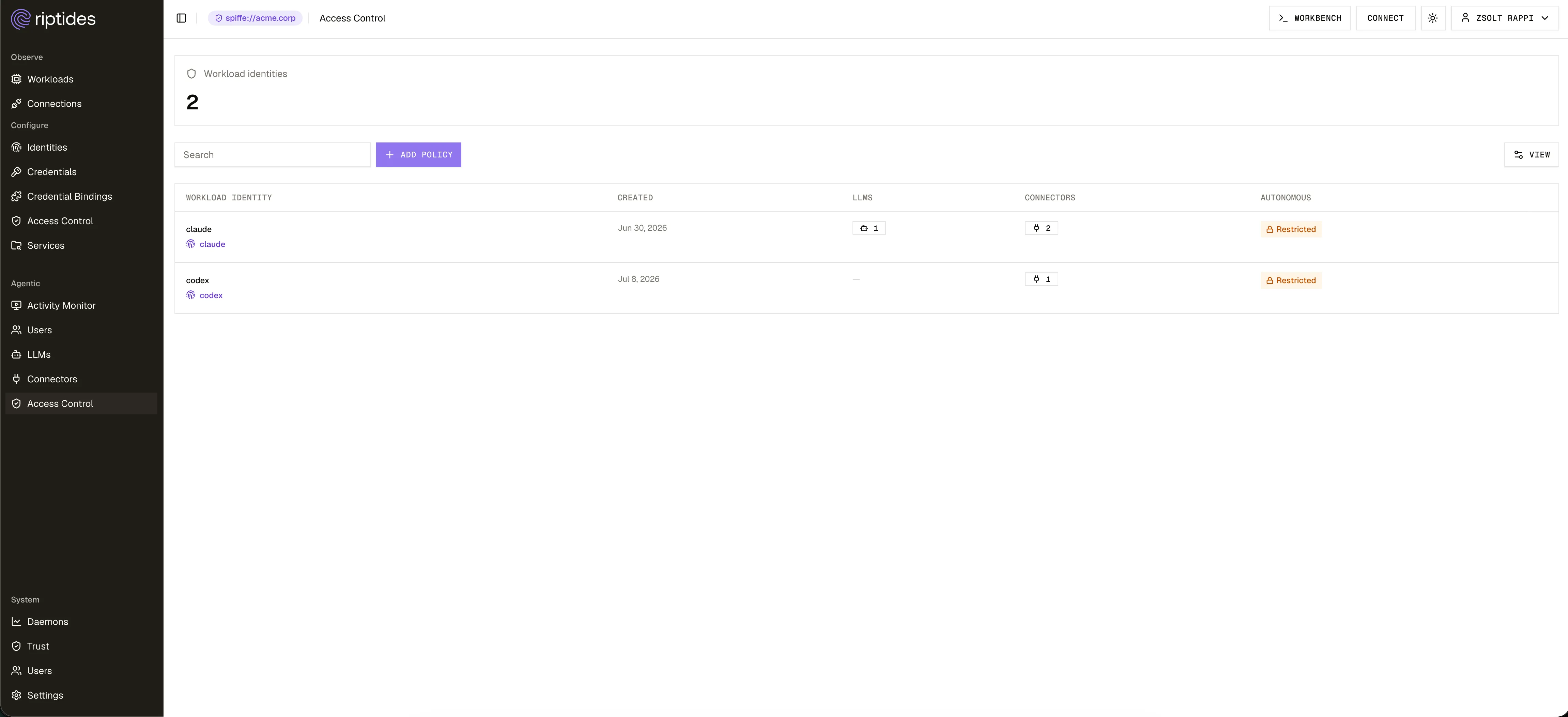 The Access Control dashboard listing governed workloads